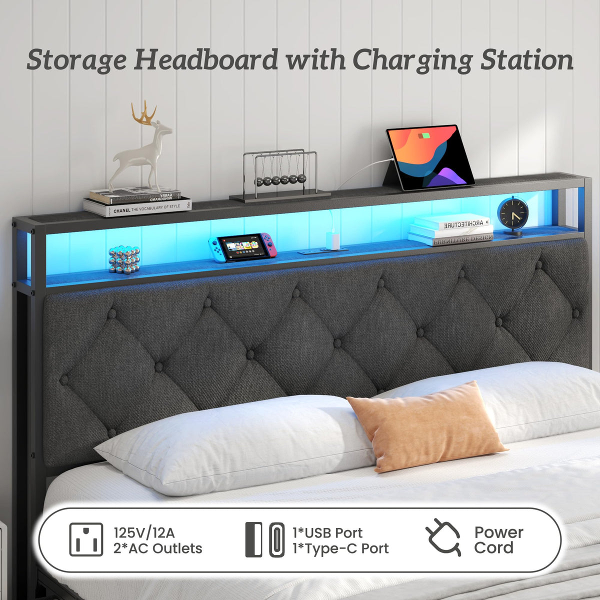 Queen Size Upholstered Bed Frame with 4 Drawers and Storage Headboard H97288