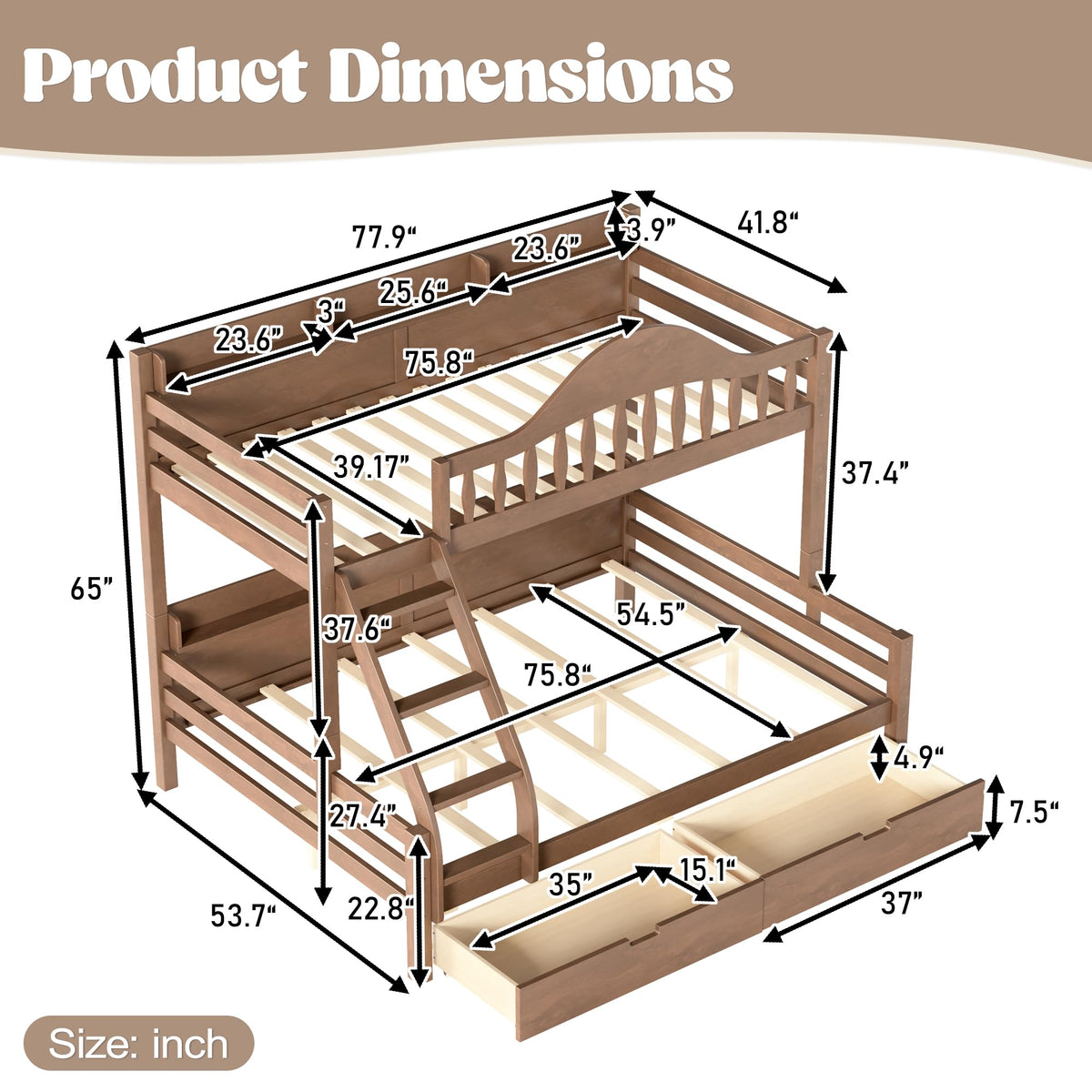 Twin Over Full Size Wooden Bunk Bed with Drawers & Ladder E19602
