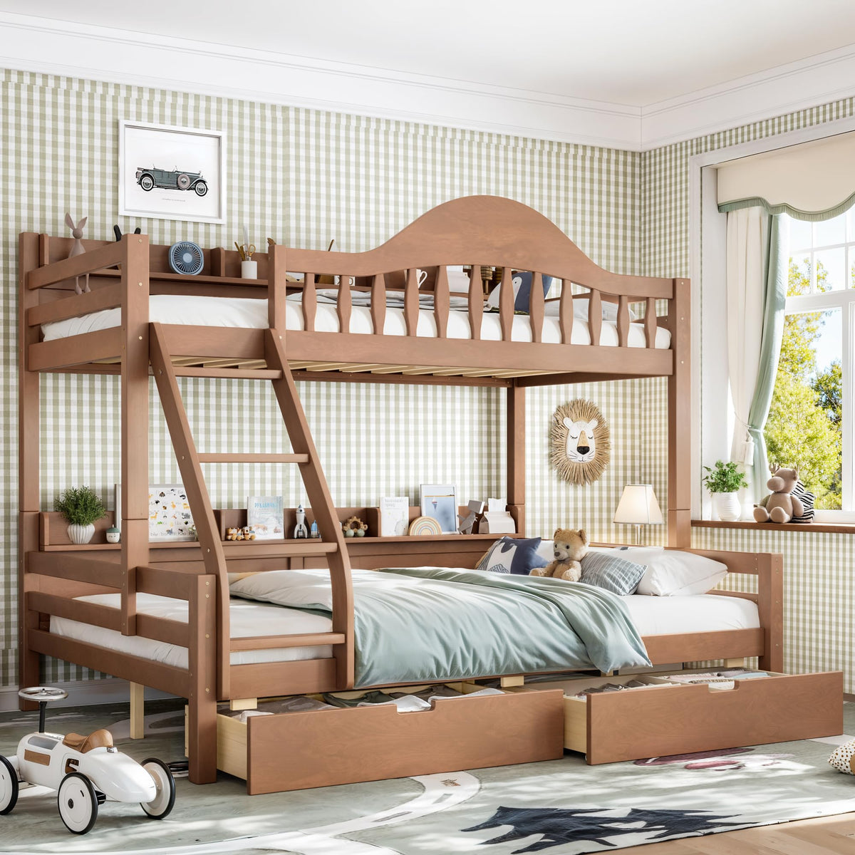 Twin Over Full Size Wooden Bunk Bed with Drawers & Ladder E19602