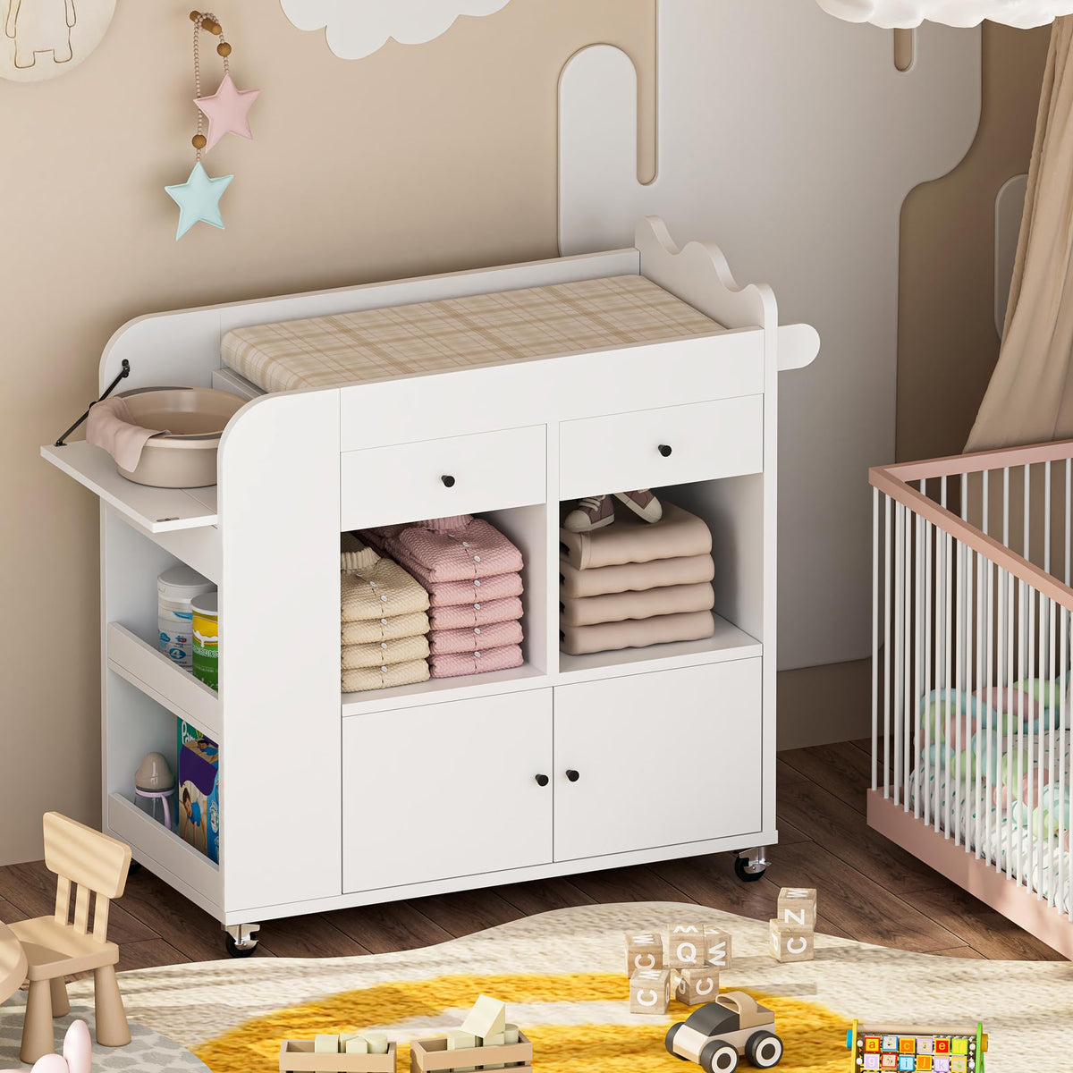 White 2 Drawer Baby Changing Table with Wheels Y2682
