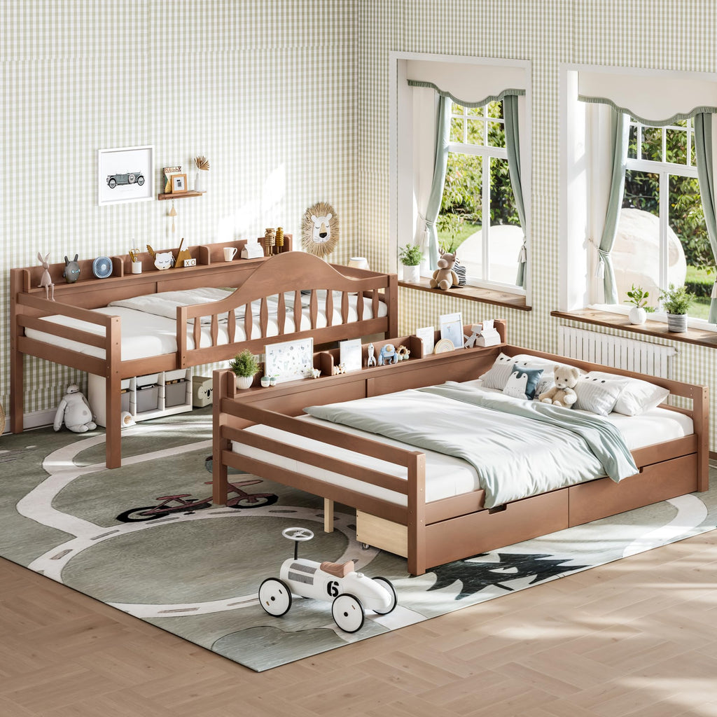 Twin Over Full Size Wooden Bunk Bed with Drawers & Ladder E19602