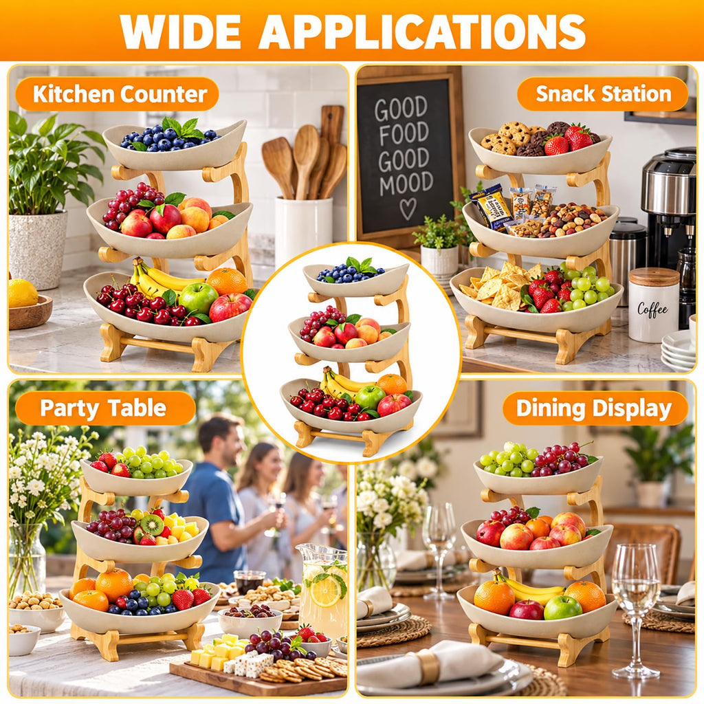 3 Tier Ceramic Fruit Basket with Bamboo Stand W47230