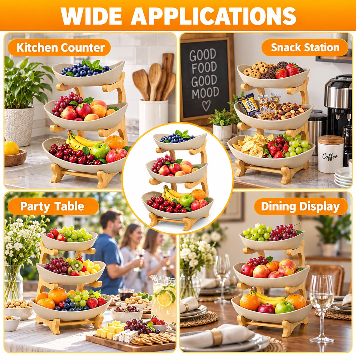 3 Tier Ceramic Fruit Basket with Bamboo Stand W47230