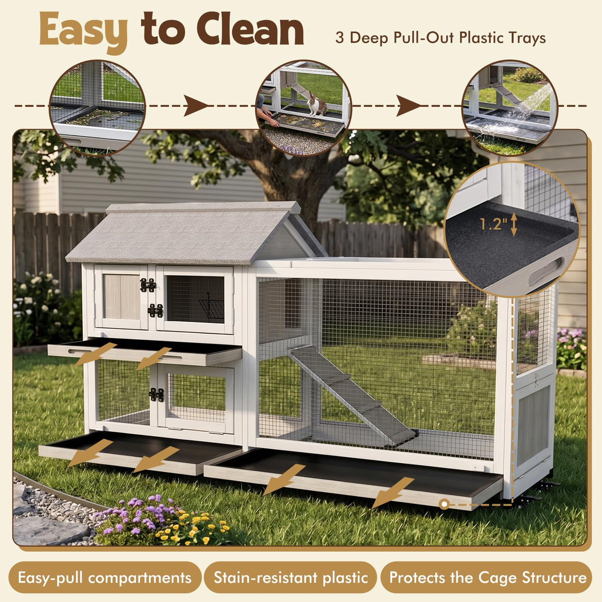 2-Story Wooden Rabbit Hutch with 3 Removable Trays E594