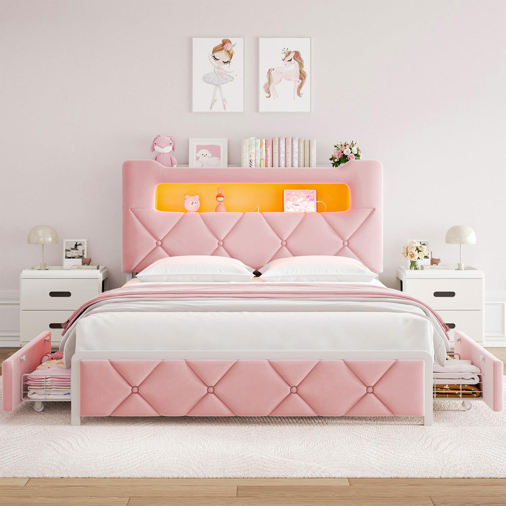 Pink Velvet Upholstered Platform Bed Frame with 2 Storage Drawers X75701