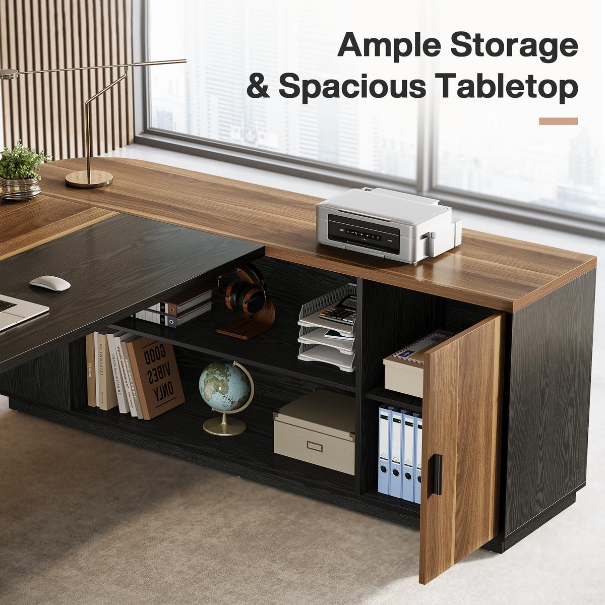 79" L-Shaped Executive Desk with Cabinet W5476
