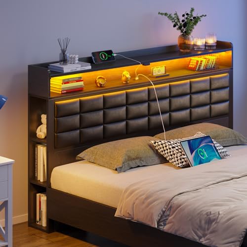 Black Full Size Upholstered Platform Bed Frame with Storage Headboard and 2 Drawers F5279