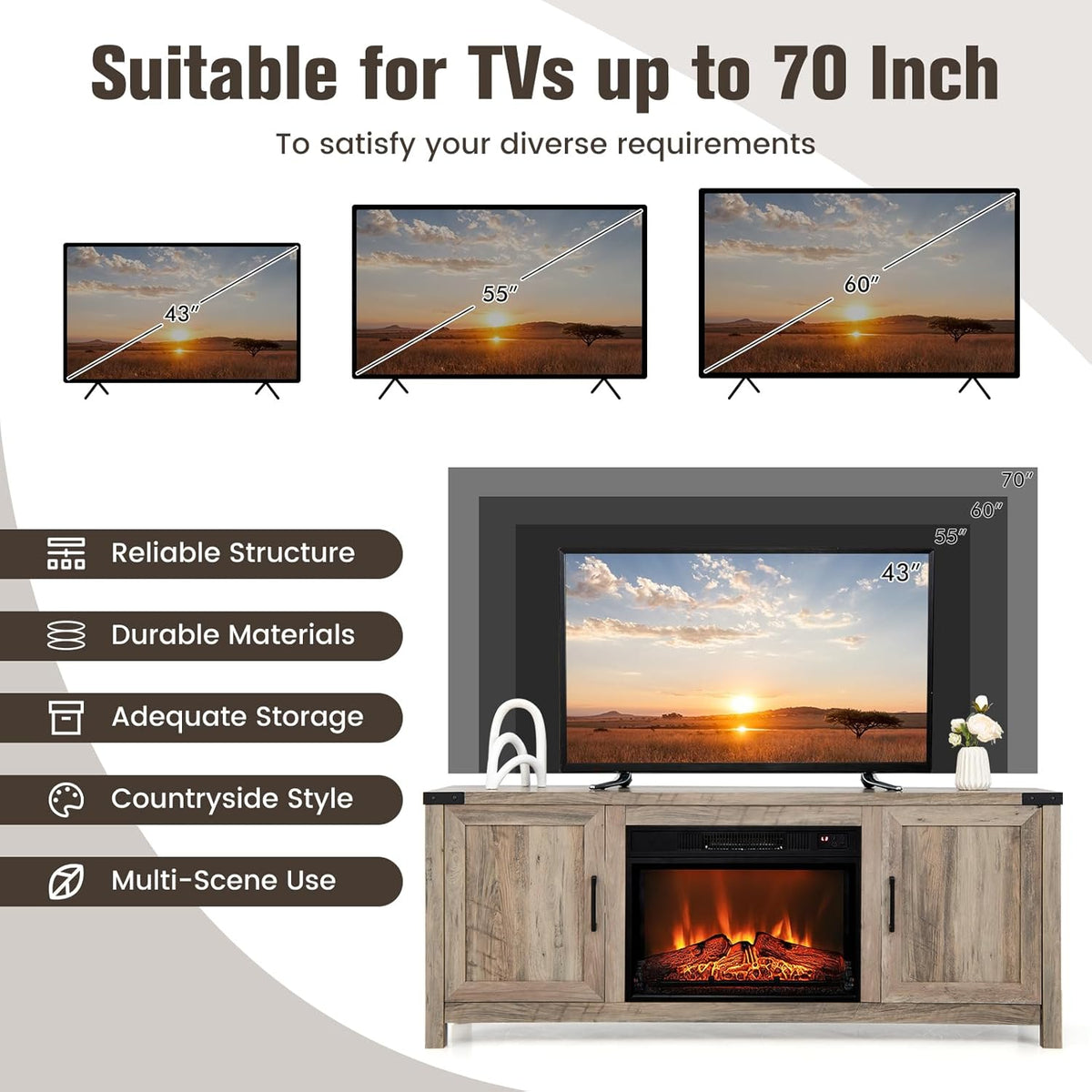 Electric Fireplace TV Stand with Storage Cabinets T9556