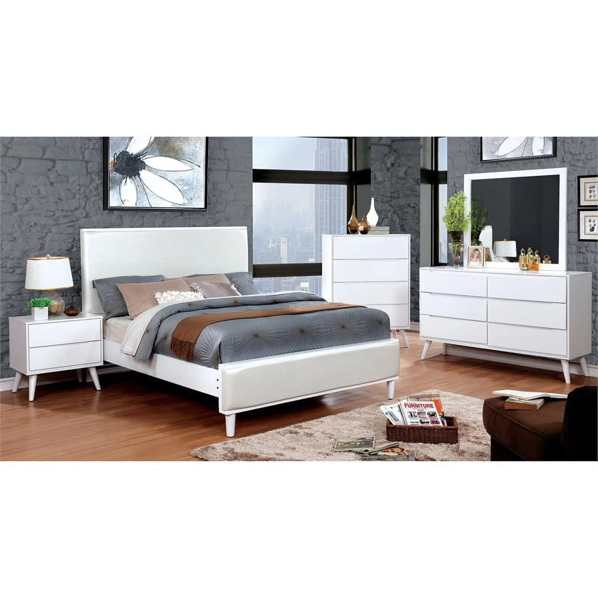 4pc Wood Bedroom Set King Nightstand Dresser Mirror White V563703