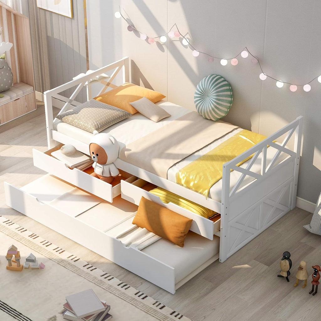 White Wood Twin Captain's Daybed with Trundle and 2 Storage Drawers Q665582