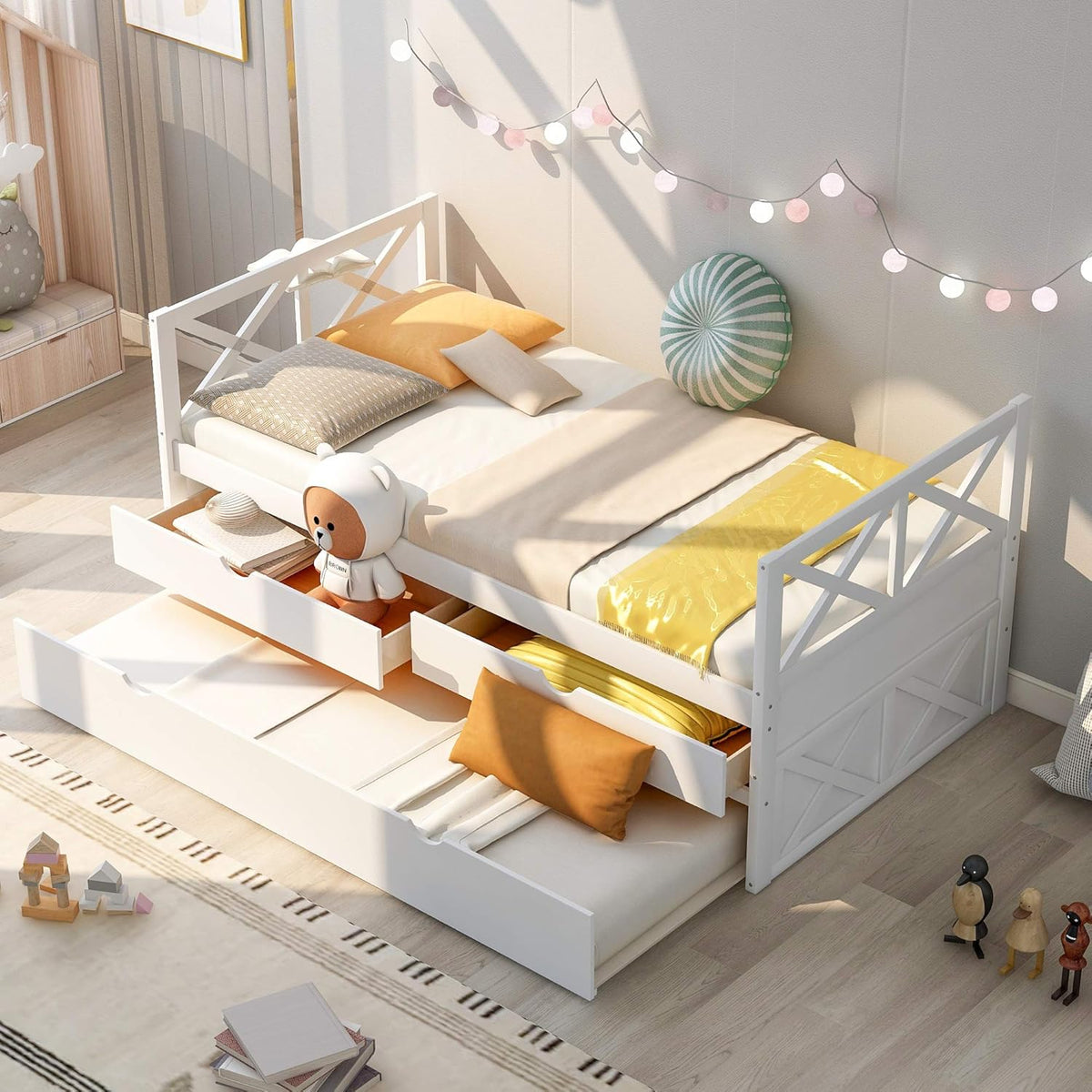 White Wood Twin Captain's Daybed with Trundle and 2 Storage Drawers Q665582