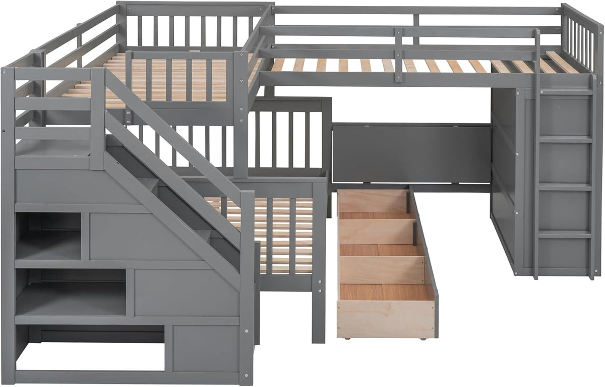 Gray Wooden Triple Bunk Bed with Desk, Storage Drawers, Stairs and Wardrobe N772