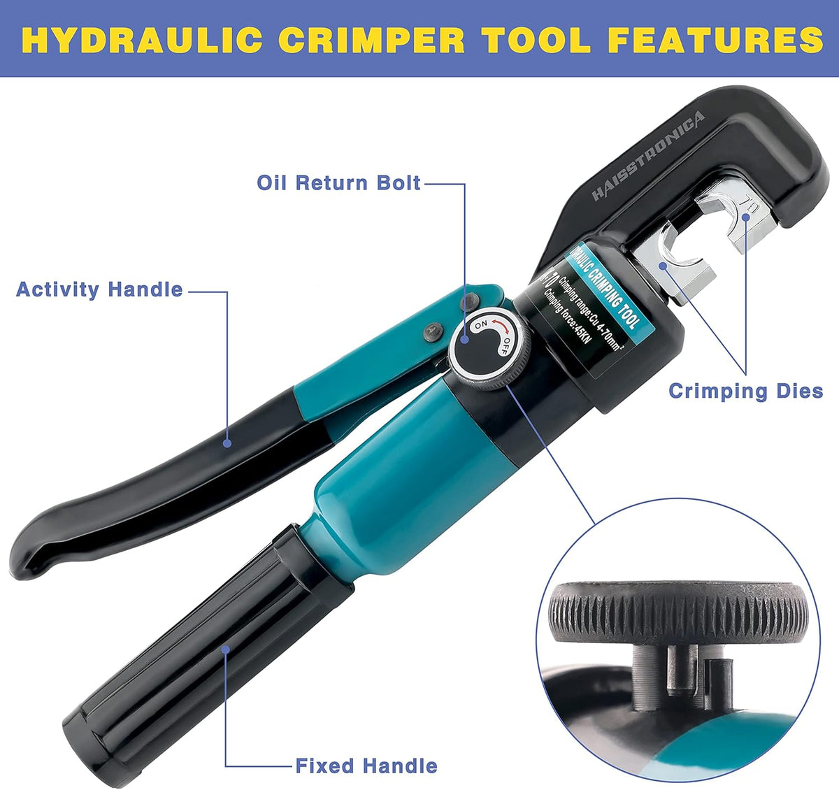 Hydraulic Battery Cable Lug Crimping Tool, AWG 12-2/0, 9 Pairs of Dies Y21054