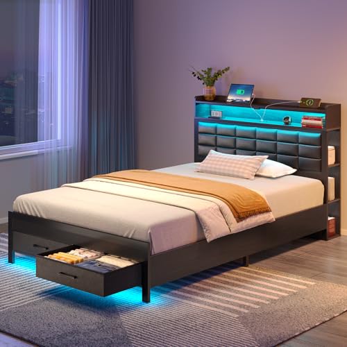 Black Full Size Upholstered Platform Bed Frame with Storage Headboard and 2 Drawers F5279
