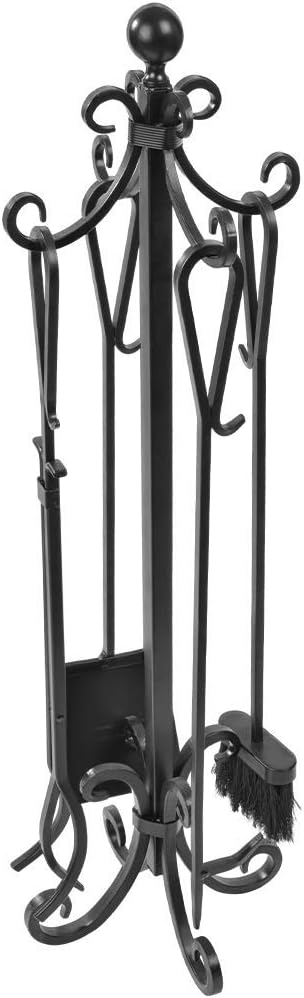 5 Pieces Cast Iron Fireplace Tools with Log Holder Black H918848