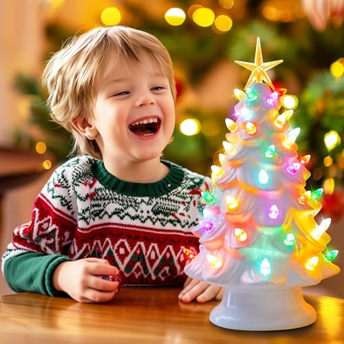 13 Inch Ceramic Christmas Tree with Multicolored LED Lights, Green C98826