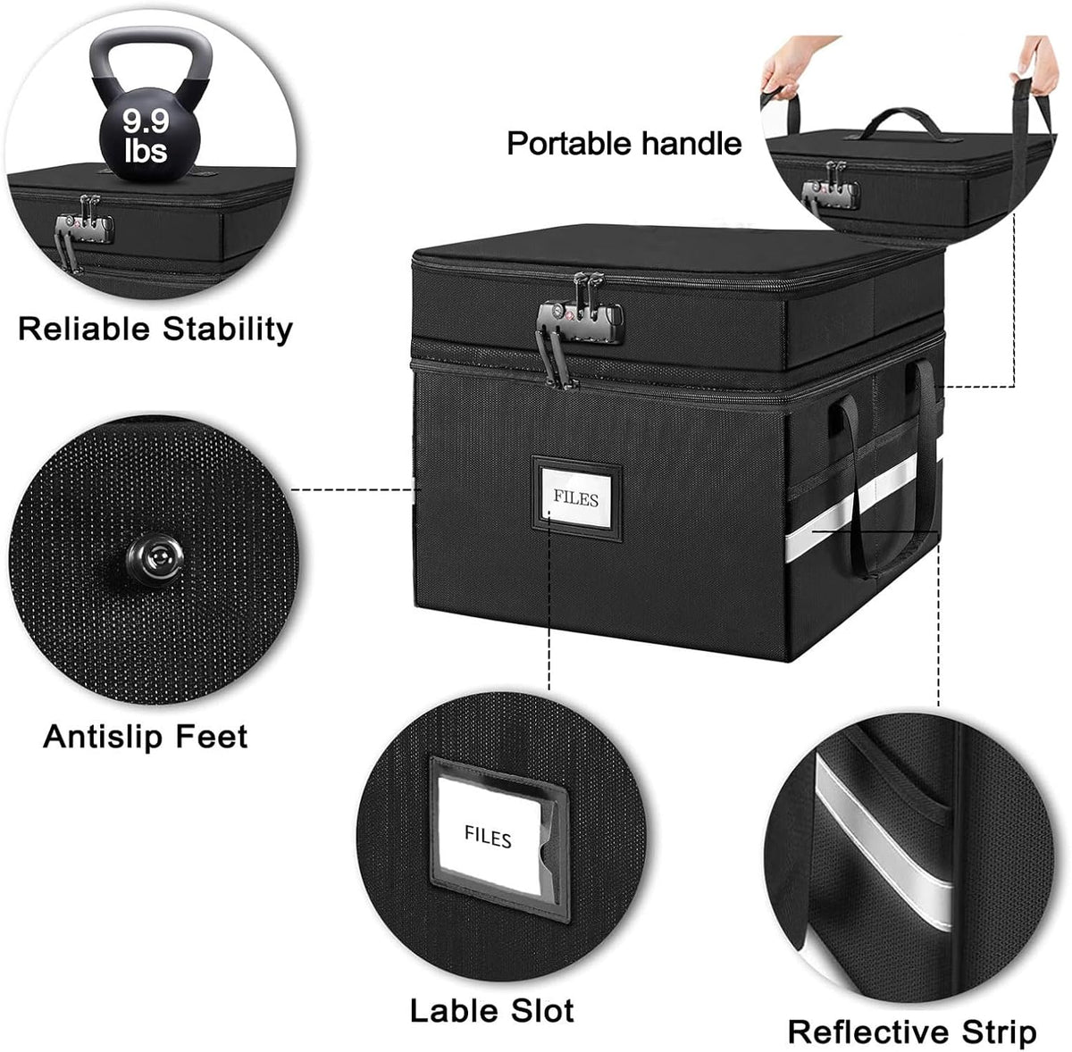 2 Layer Fireproof Document Box with Lock, Black V76968