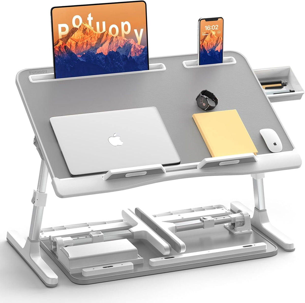 Leather Bed Desk with Removable Stopper, Foldable & Adjustable Lap Desk, Grey and Black N85089