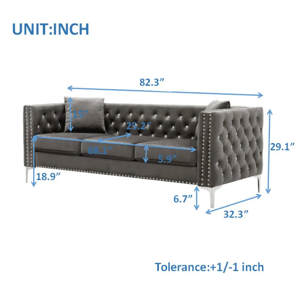 Grey Velvet Sofa with 2 Pillows I38849