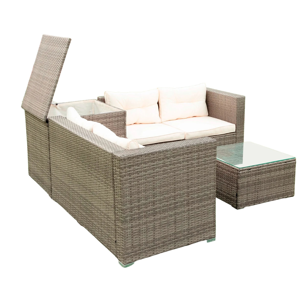 Creme 4 Piece Patio Sectional Wicker Rattan Outdoor Furniture Sofa Set with Storage Box Q8019