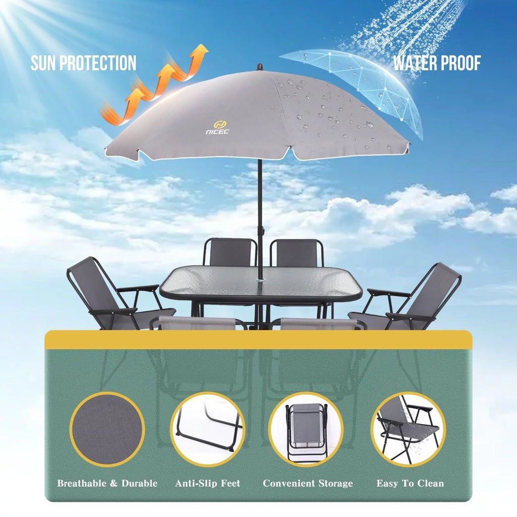 8 Piece Patio Dining Set with Umbrella and 6 Folding Chairs E792