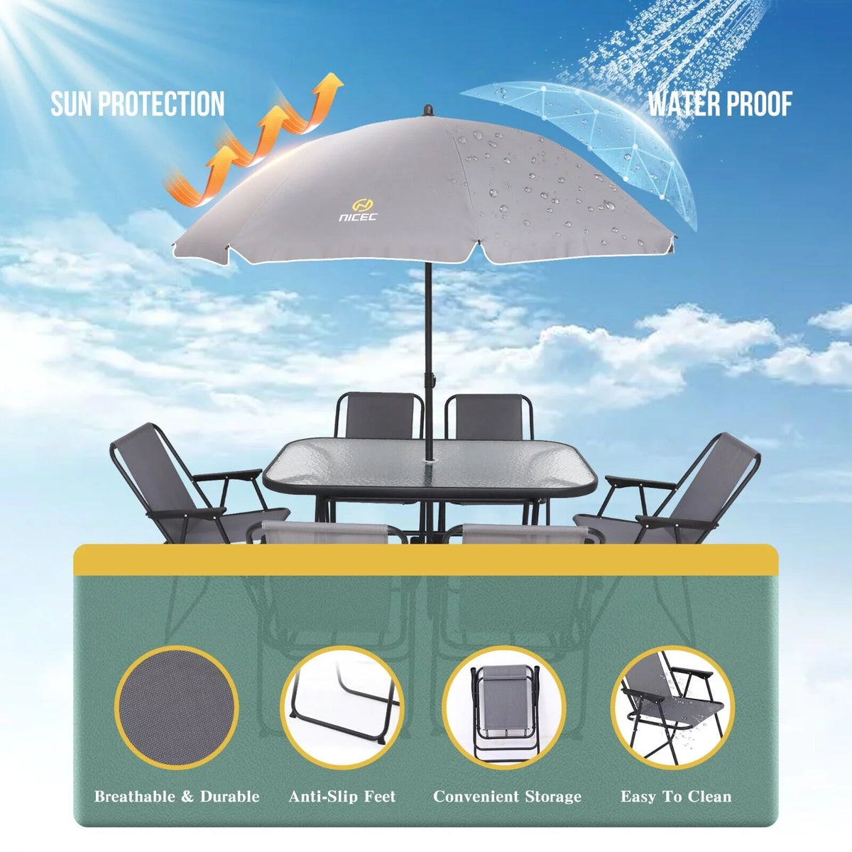 8 Piece Patio Dining Set with Umbrella and 6 Folding Chairs E792