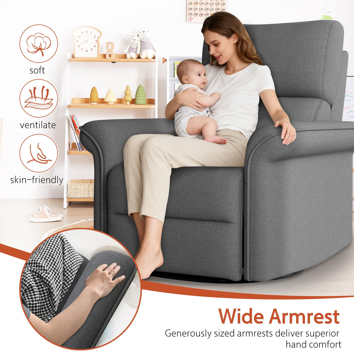 Dark Gray Velvet Power Swivel Rocker Recliner Chair Z101