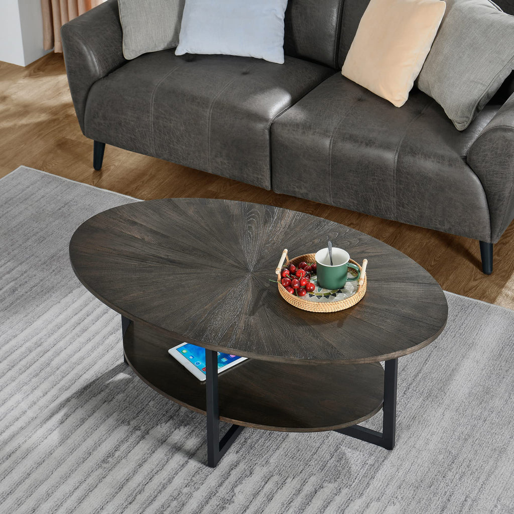 Wood Oval Coffee Table with Storage Shelf, 2-Tier, Black Brown O174