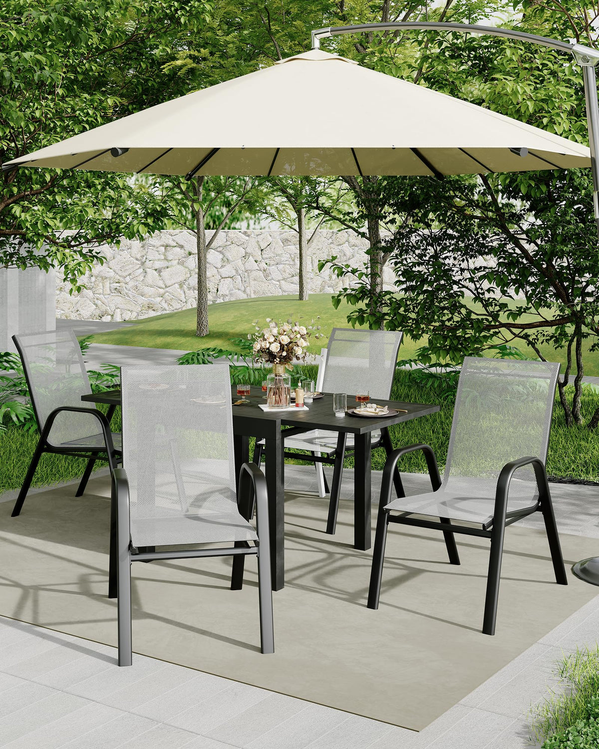 4 Pcs Stackable Grey Metal Textilene Patio Chairs Y522