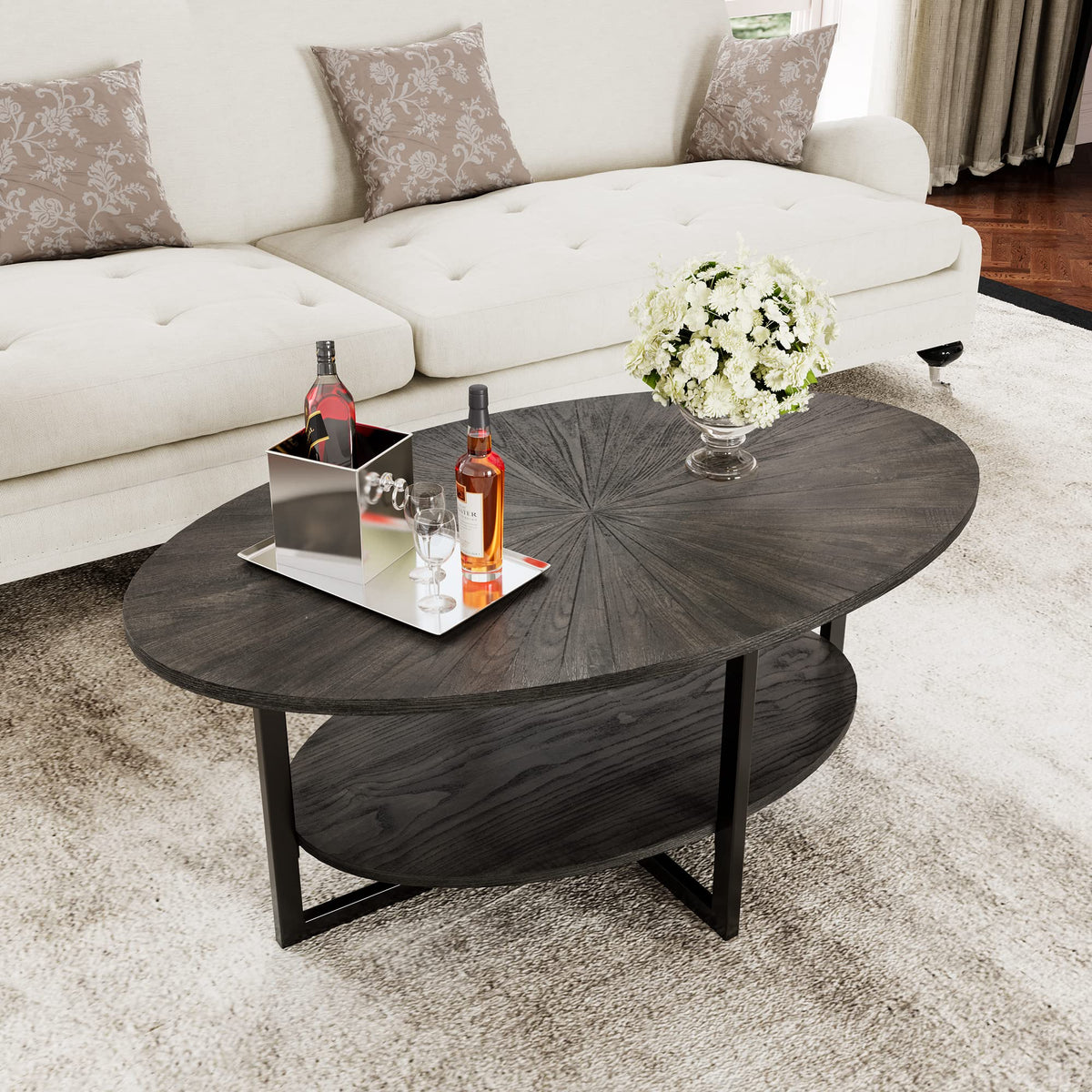 Wood Oval Coffee Table with Storage Shelf, 2-Tier, Black Brown O174