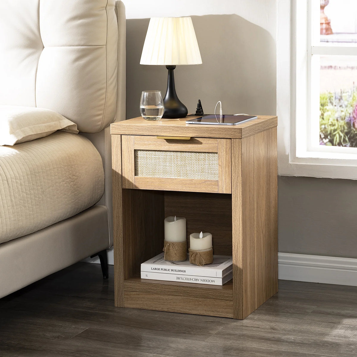 Rattan Nightstands Set of 2 with Charging Station K29512