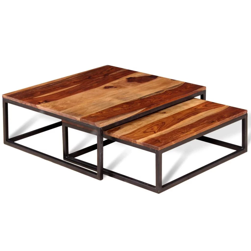 2 Piece Stackable Sheesham Wood Iron Frame Nesting Table Set B556540