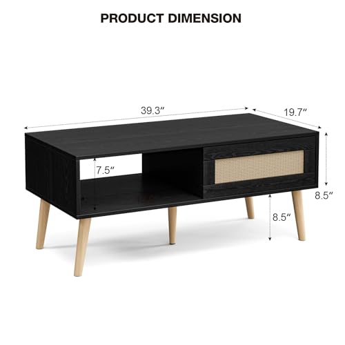 Storage Coffee Table with Rattan Drawer and Solid Wood Legs I10670
