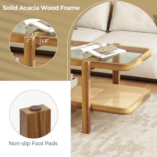 47.5" Rectangle Solid Wood Coffee Table with Tempered Glass Tabletop V9915