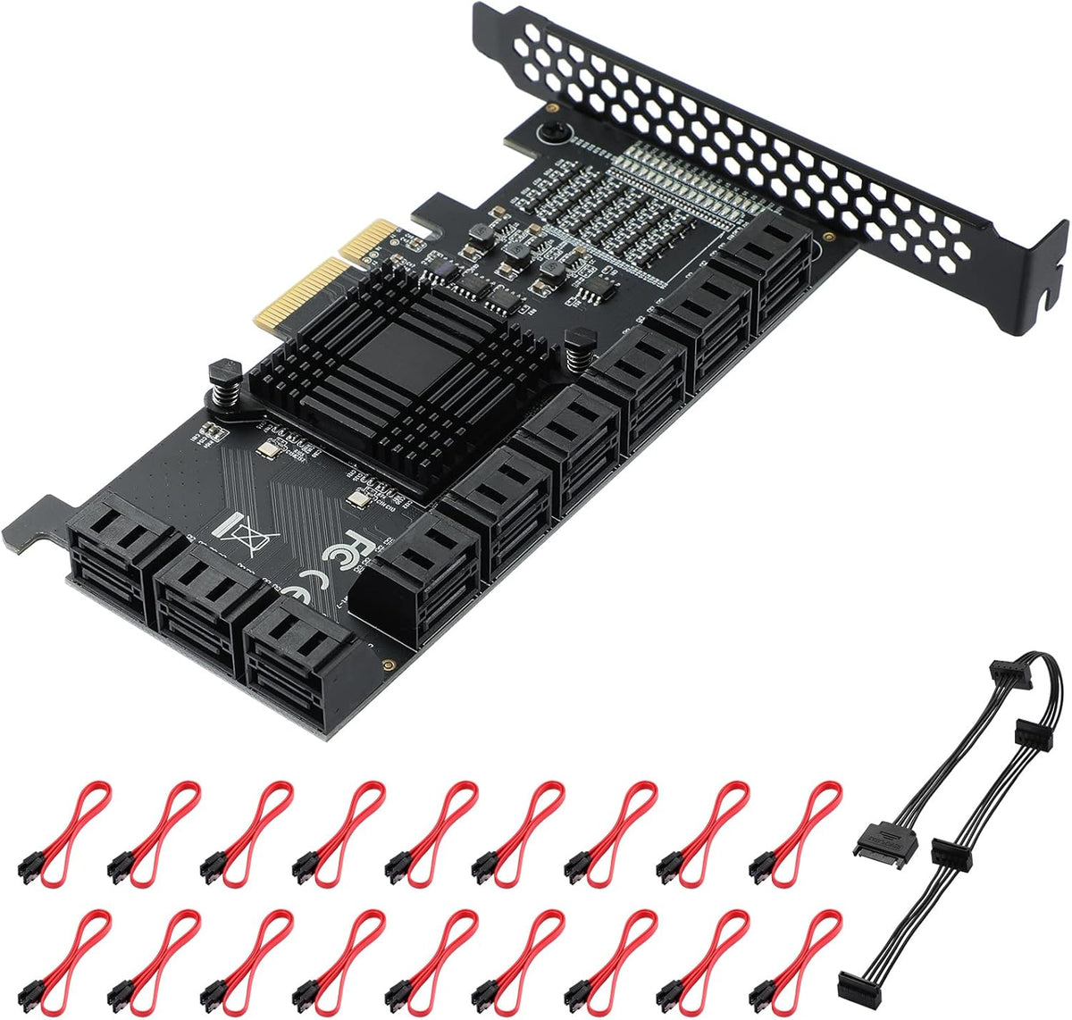 16 Port 4X SATA PCIe Expansion Card with 16 SATA Cables and Bracket O8491