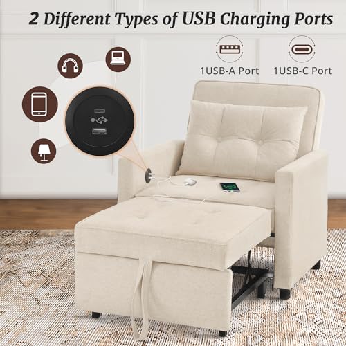 3 in 1 Convertible Sleeper Chair Bed with 2 Pillows and Backrest T54449