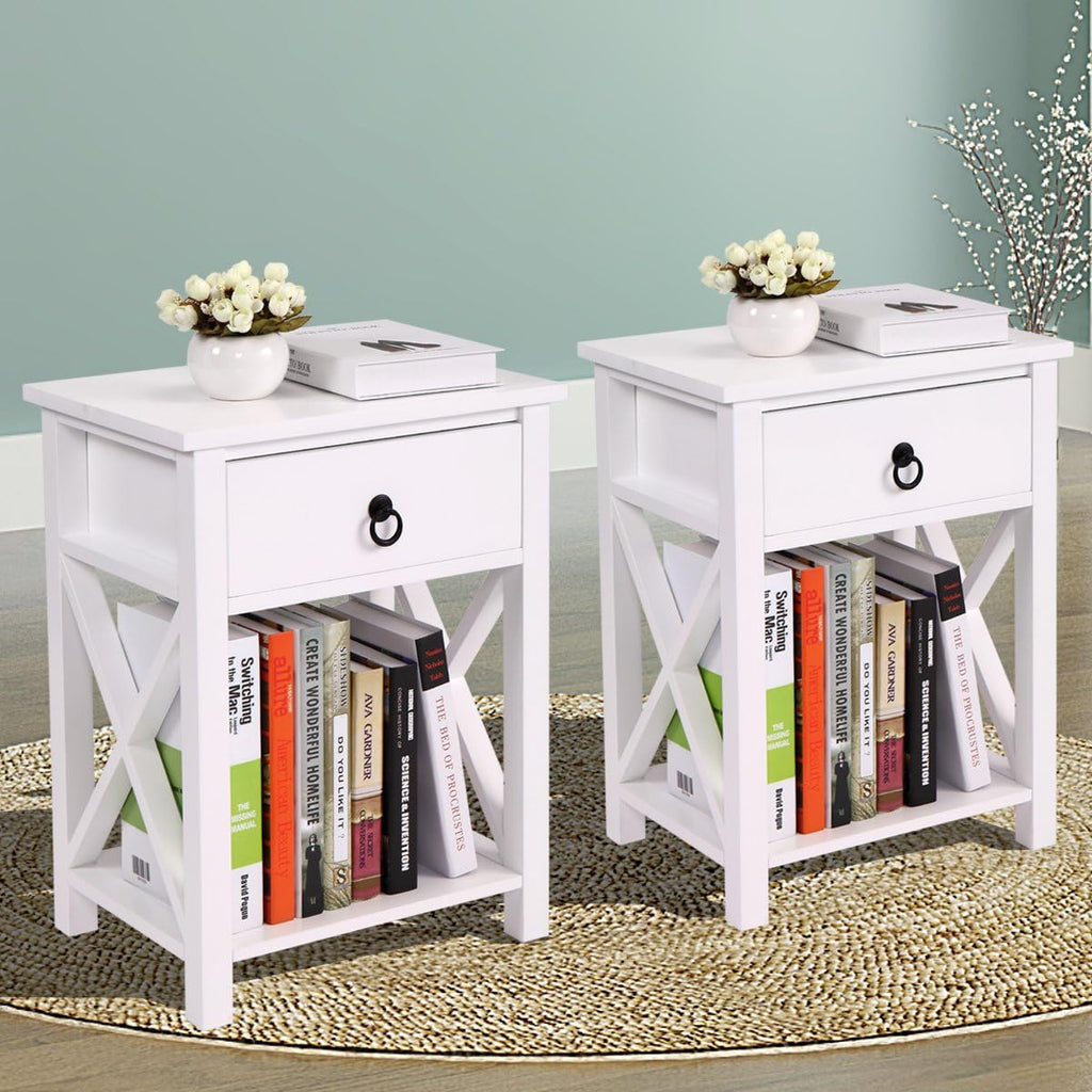 White 2 X-Design Nightstand with Drawer and Shelf E4499