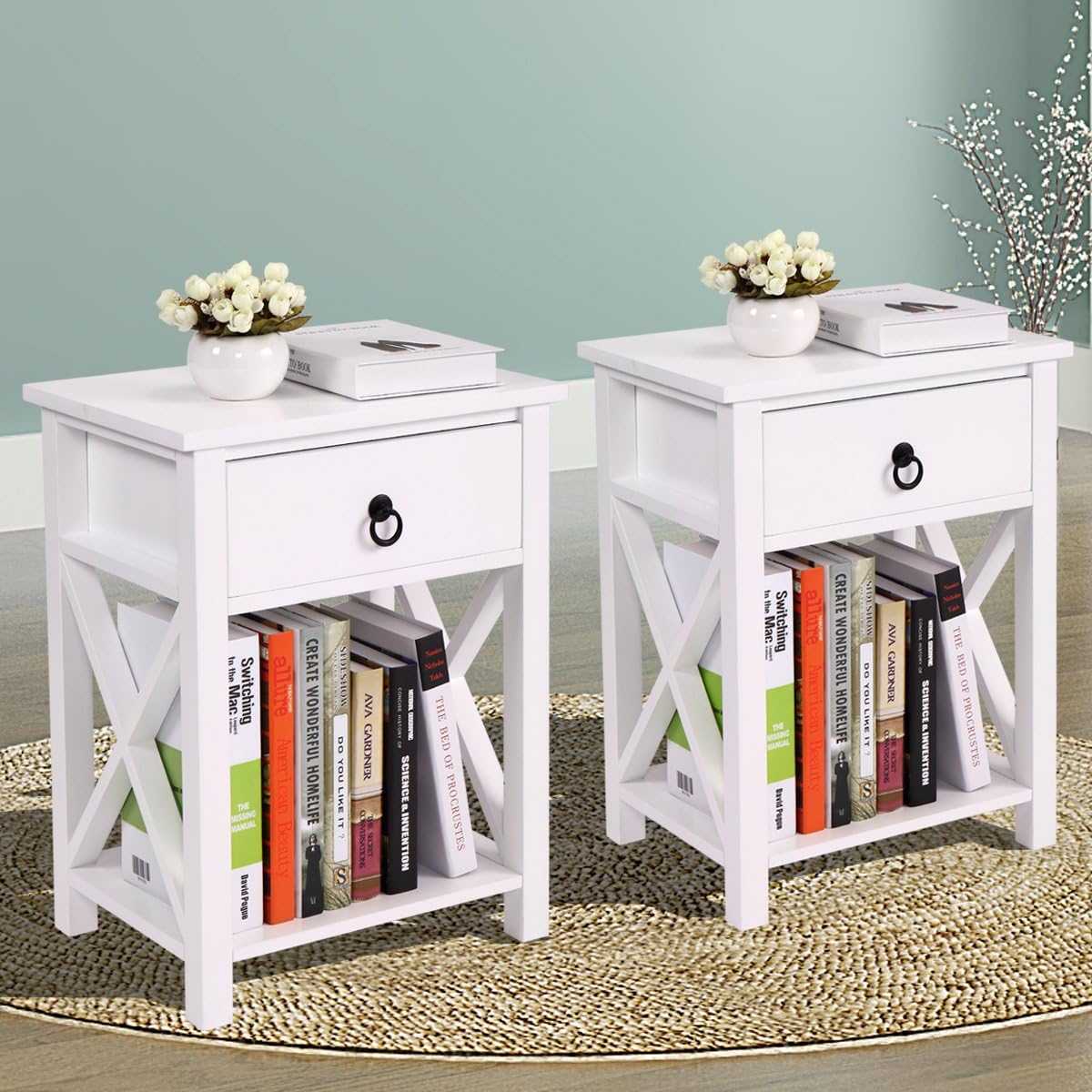 White 2 X-Design Nightstand with Drawer and Shelf E4499