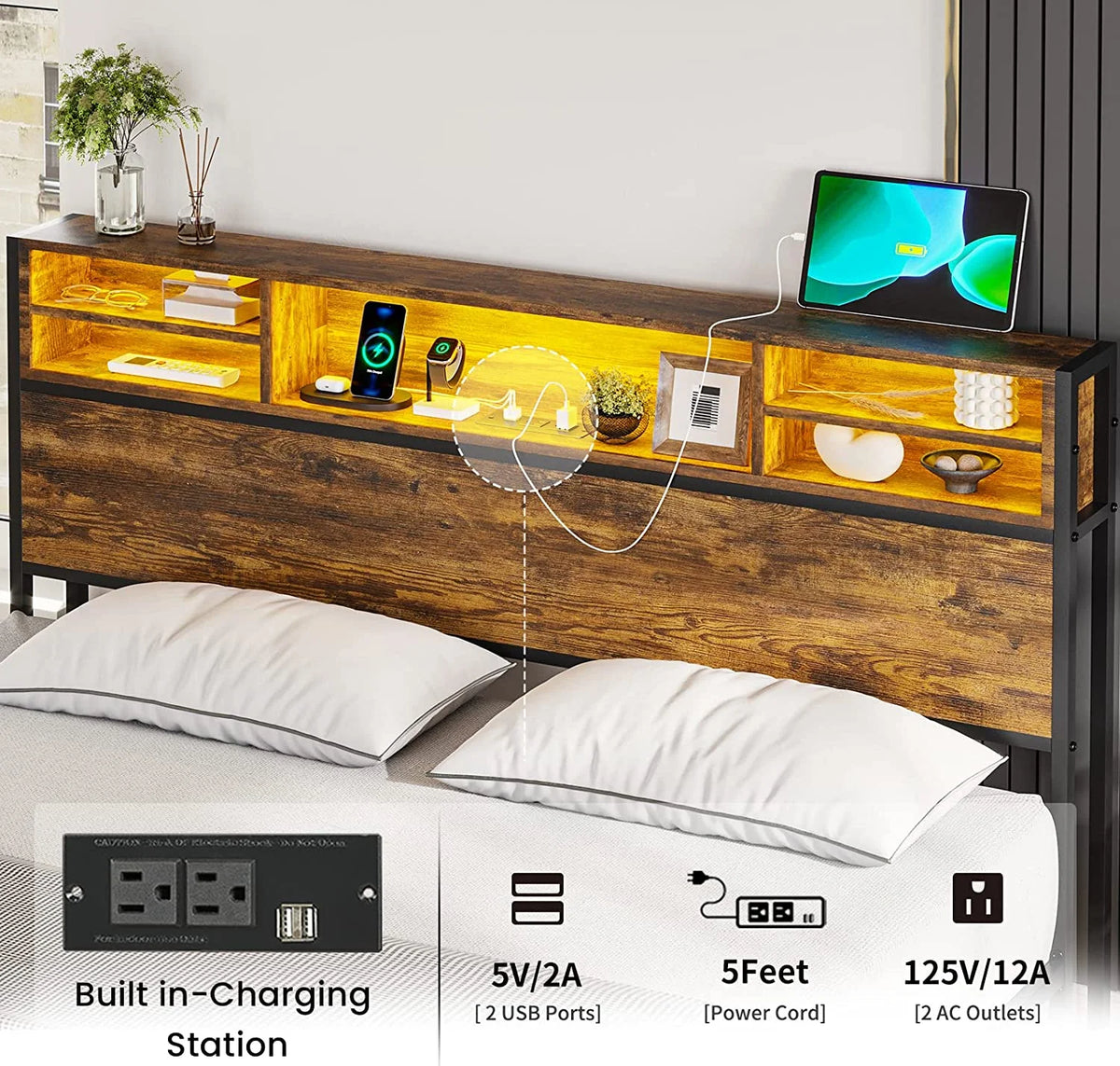 Full Size Metal Platform Bed with Storage Headboard and USB Ports D8871