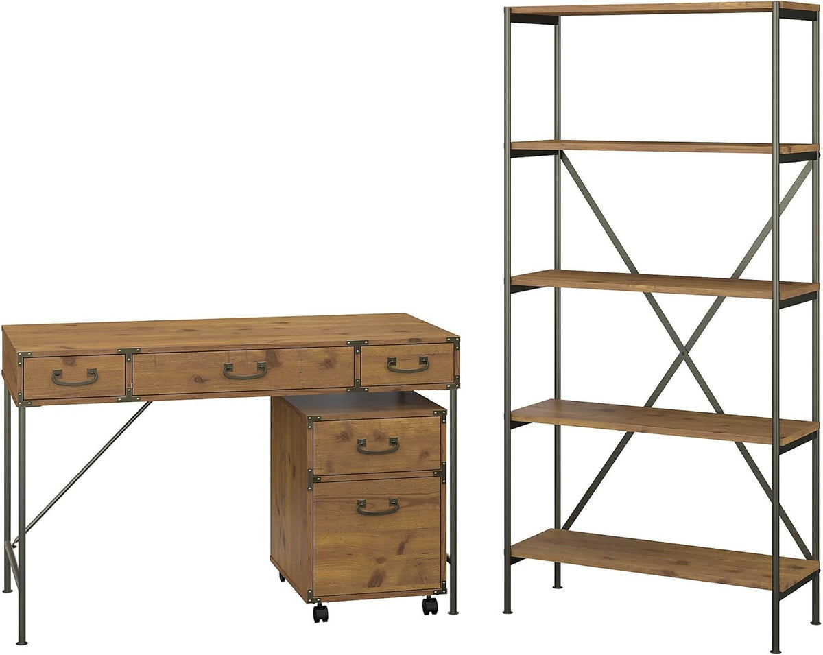 Vintage Golden Pine Writing Desk with File Cabinet and Bookcase U60654