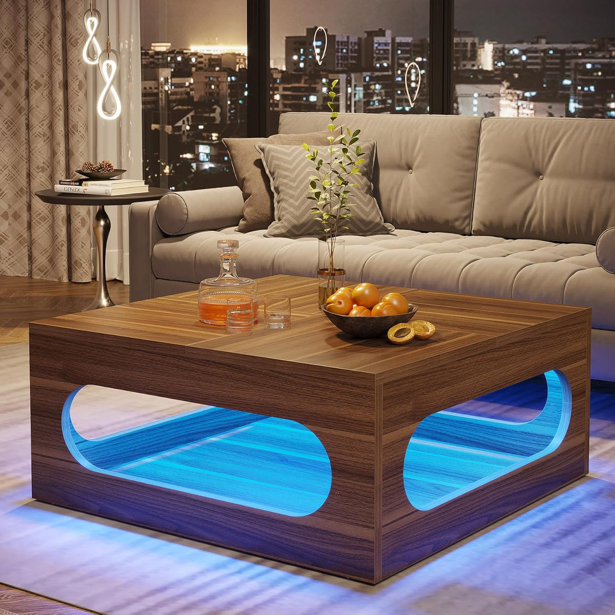 Brown Wood Coffee Table with Storage and LED Light Z991