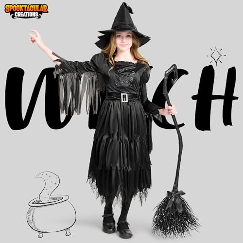 Classic Kids Witch Costume Black Witch Dress with Broom and Hat XL U8121
