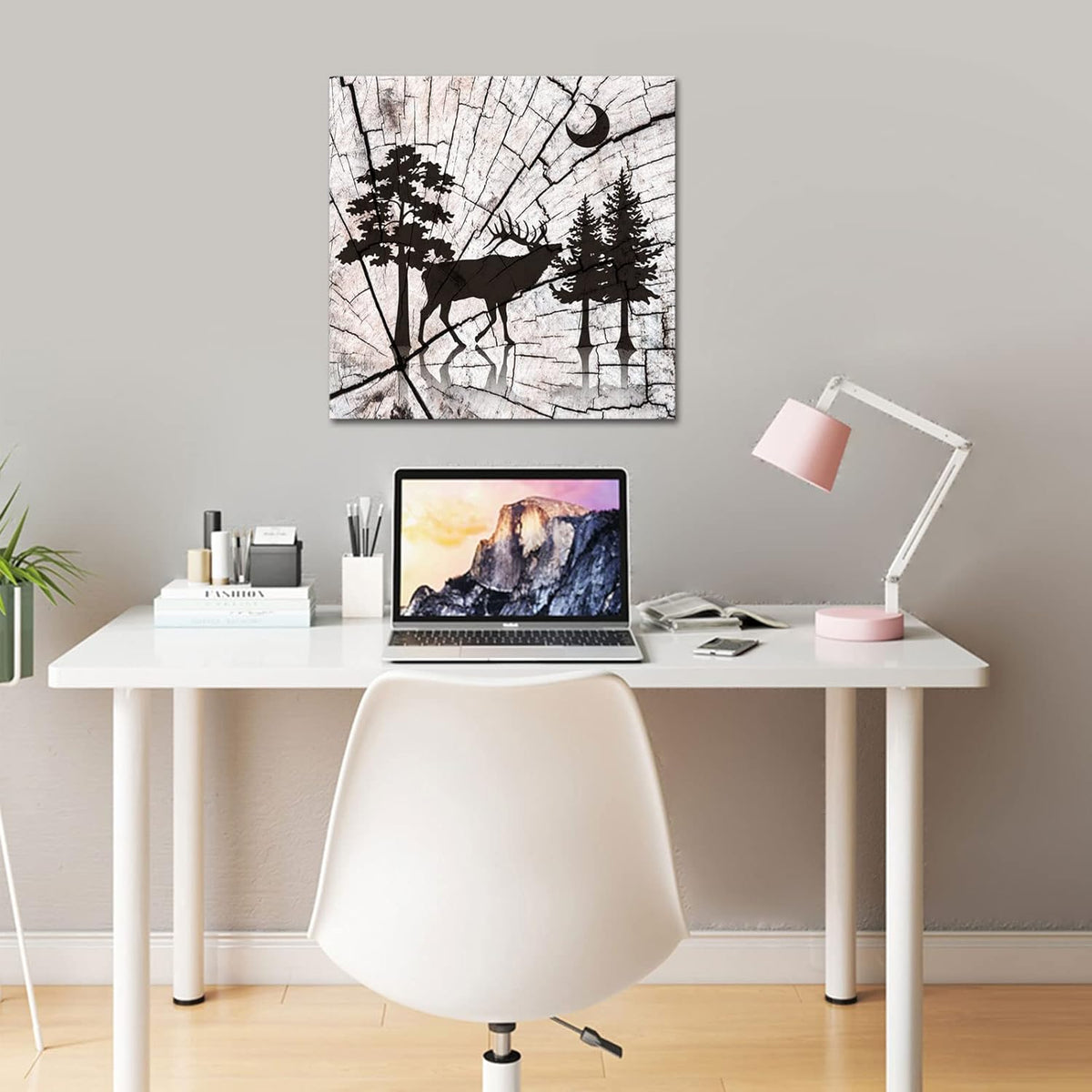 Deer in Forest Canvas Print Black Silhouette Vintage Wood Style Stretched and Framed B2339