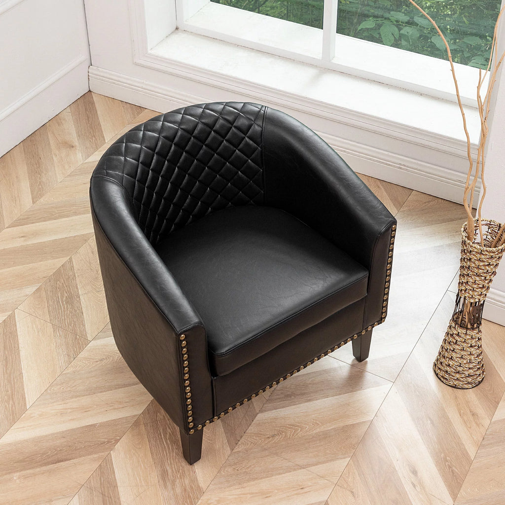 Mid Century Modern Tufted Faux Leather Barrel Armchair D335