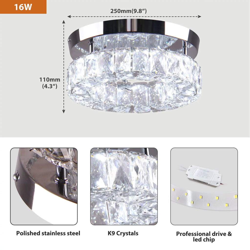 9.8" Crystal Flush Mount Ceiling Light Fixture 15 W 6000K H5982