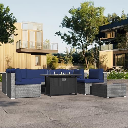 8-Piece Wicker Outdoor Sectional Sofa with Fire Pit Table Q983