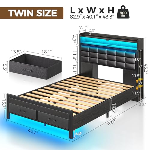 Black Full Size Upholstered Platform Bed Frame with Storage Headboard and 2 Drawers F5279