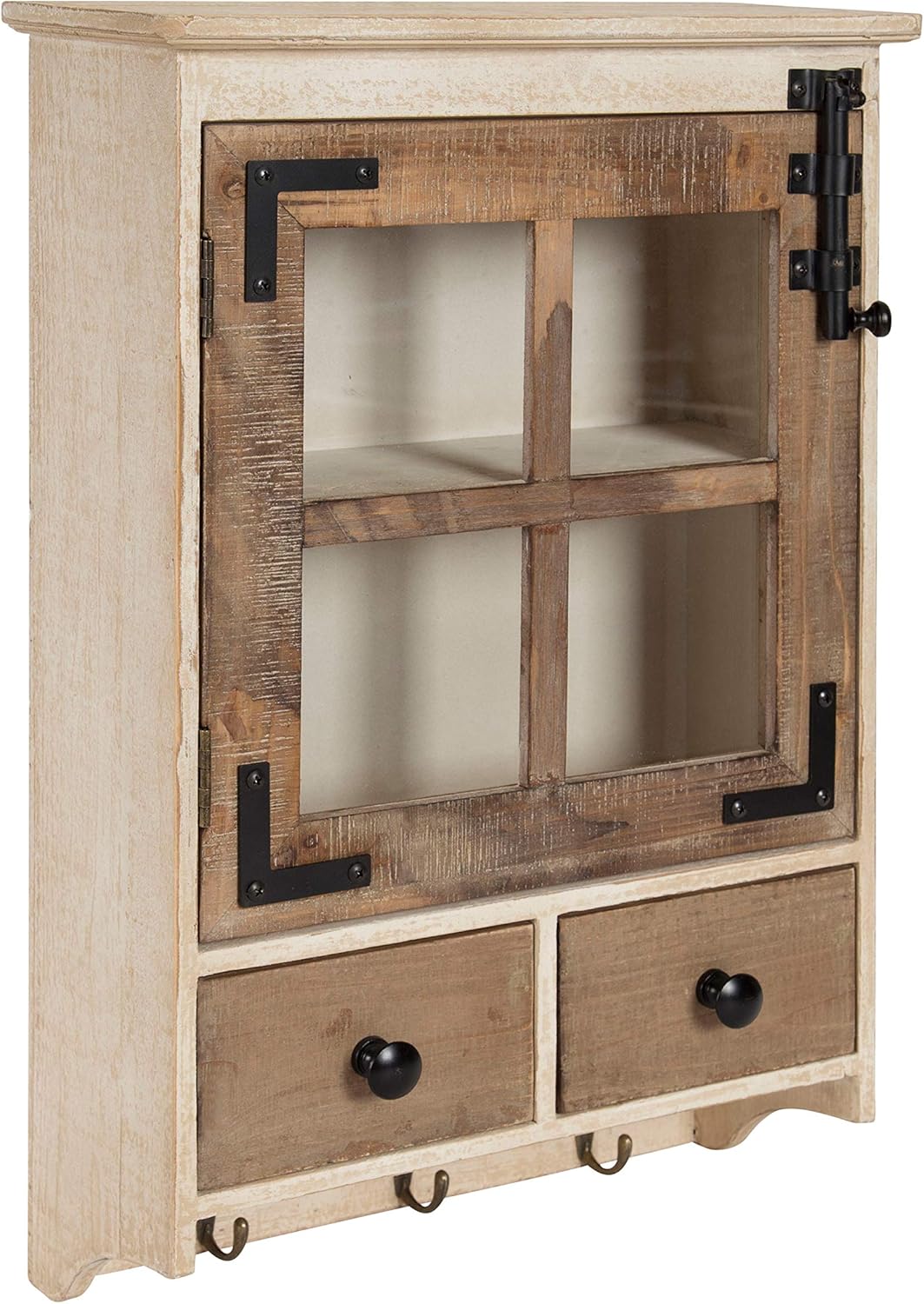 Rustic White Wood Wall Cabinet with Glass Door and 2 Drawers U2337