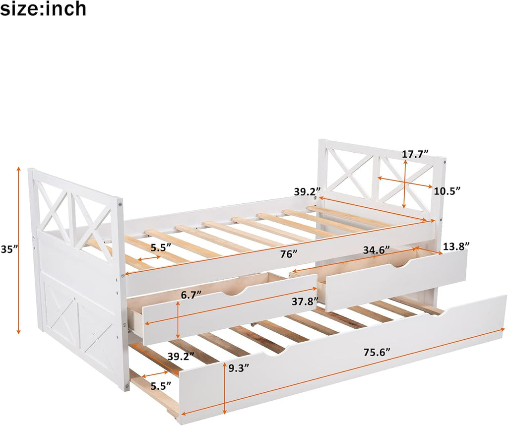White Wood Twin Captain's Daybed with Trundle and 2 Storage Drawers Q665582
