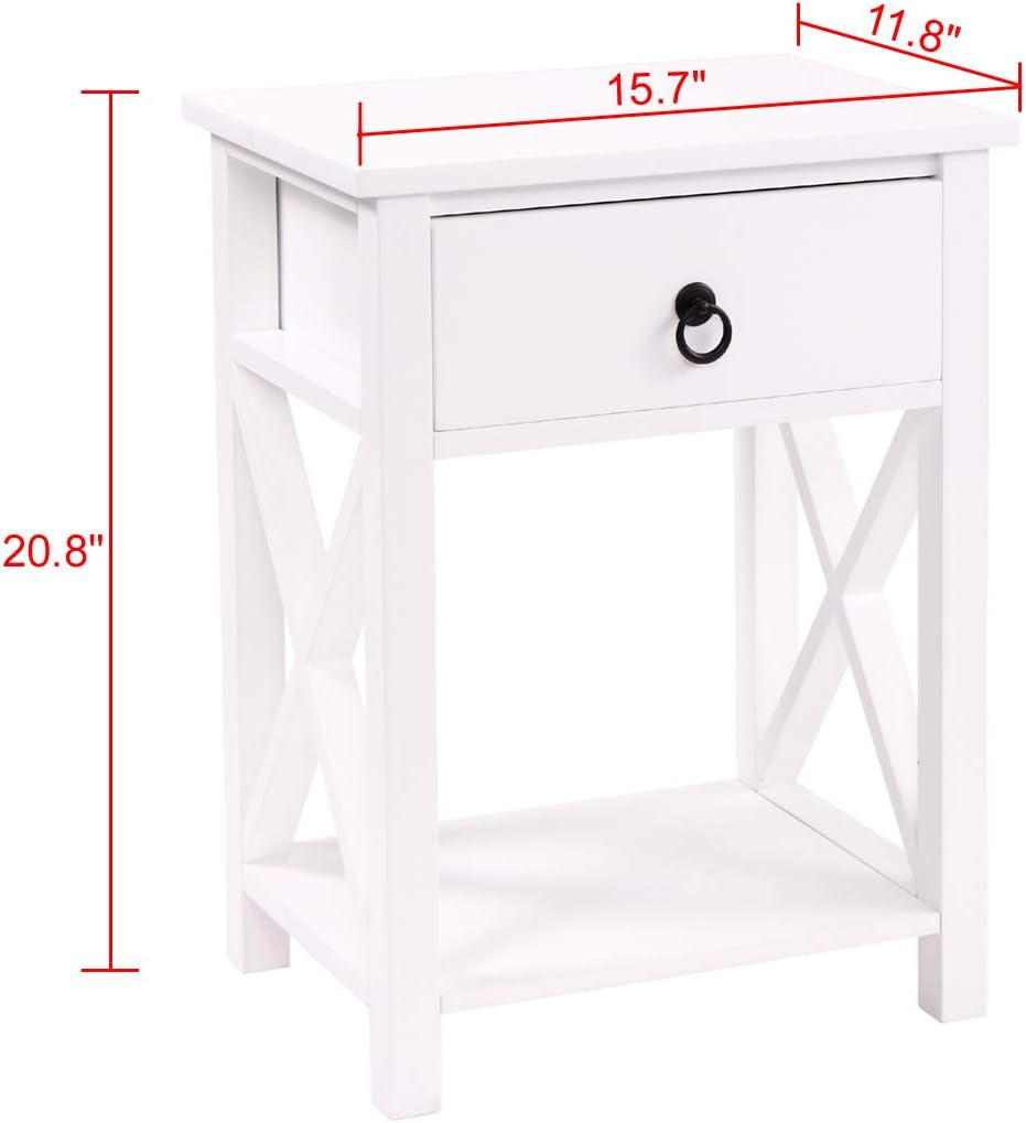 White 2 X-Design Nightstand with Drawer and Shelf E4499